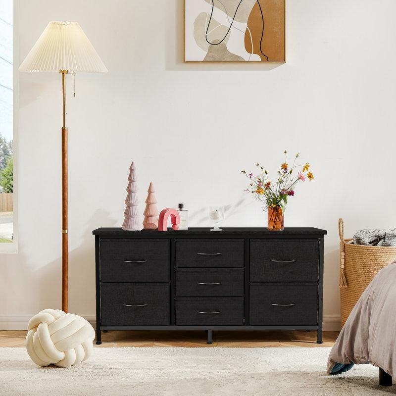Siyah Ahşap Üst Tablalı 7 Kumaş Çekmeceli TV Sehpası Özellikli Şifonyer - 120x60 cm - 123016