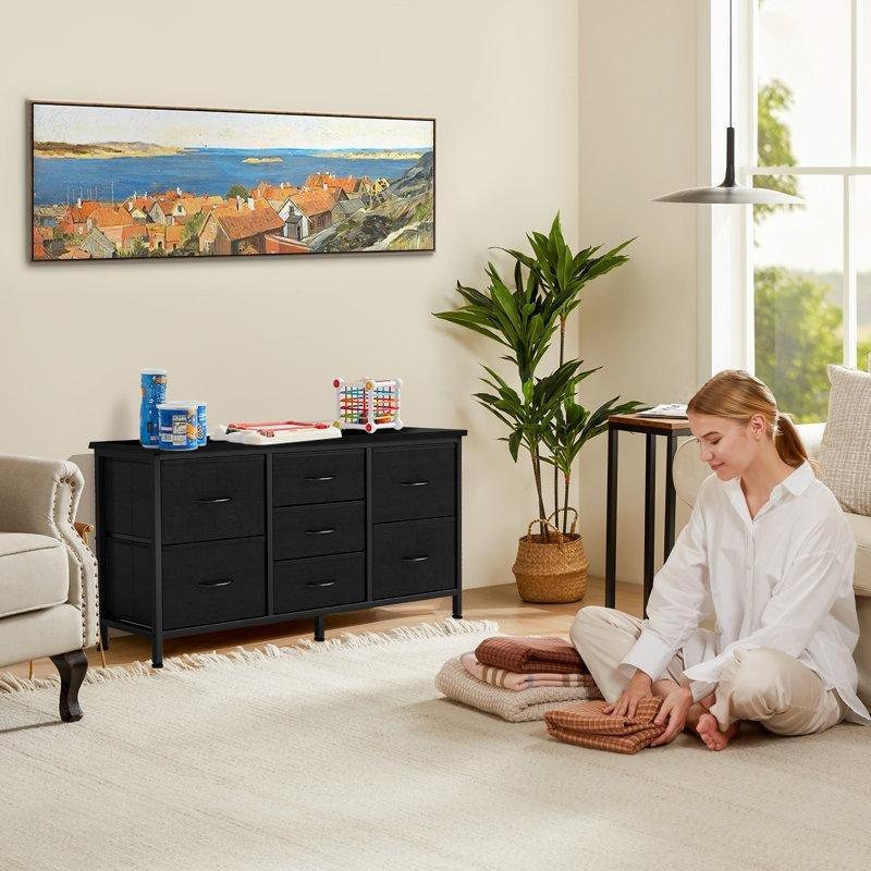 Siyah Ahşap Üst Tablalı 7 Kumaş Çekmeceli TV Sehpası Özellikli Şifonyer - 120x60 cm - 123016