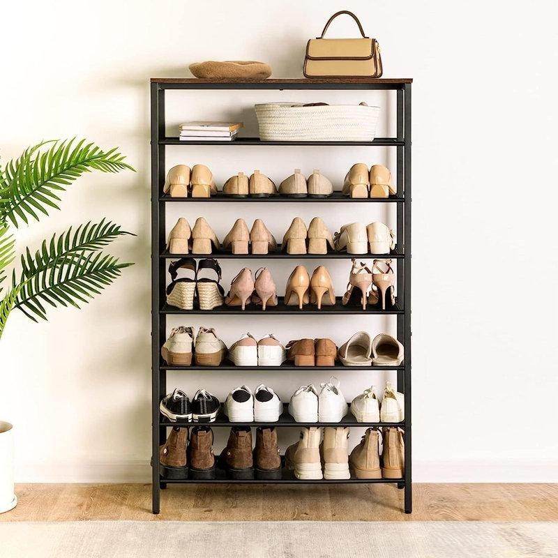 Siyah Ahşap Üst Tablalı 8 Katlı 32 Çift Kapasiteli Ferforje Ayakkabılık - 75x29x126 cm - 121156