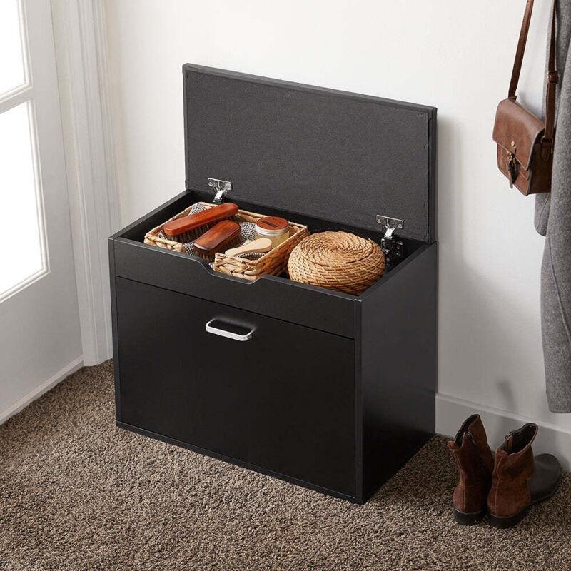 Siyah Ahşap Ve Deri Minderli Düşer Kapaklı Ayakkabılık Bench - 60x30x50 cm - 120350