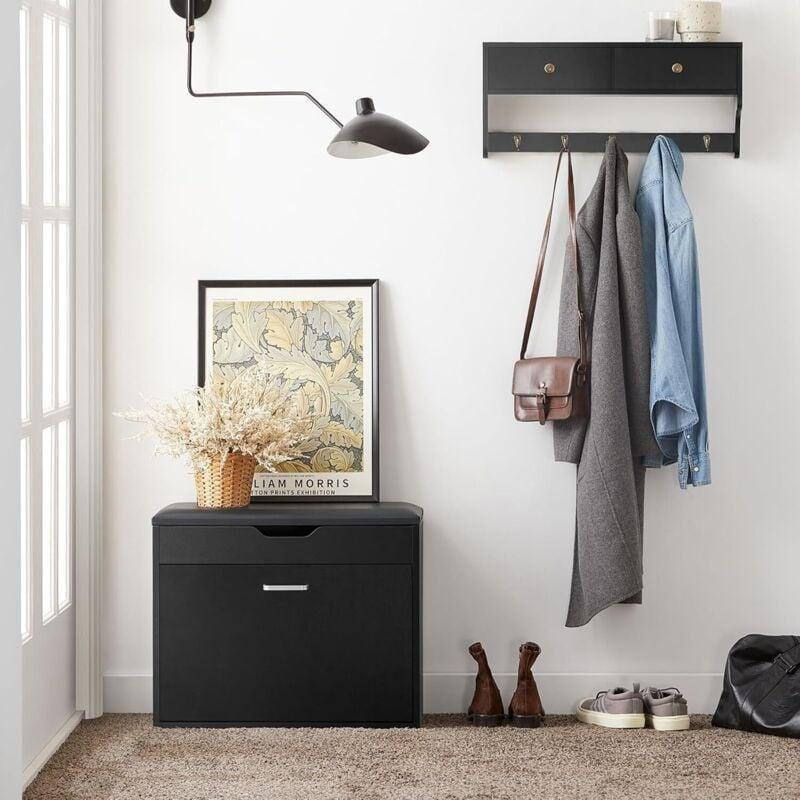 Siyah Ahşap Ve Deri Minderli Düşer Kapaklı Ayakkabılık Bench - 60x30x50 cm - 120350
