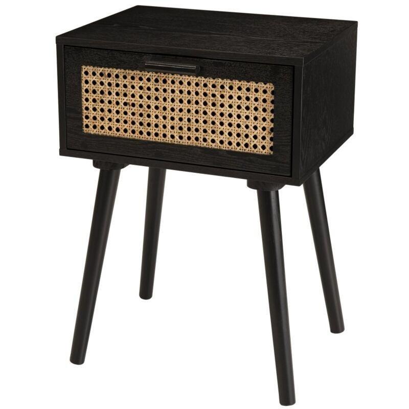 Siyah Ahşap ve Rattan Tek Çekmeceli Komodin - 40x30x56 cm - 127646