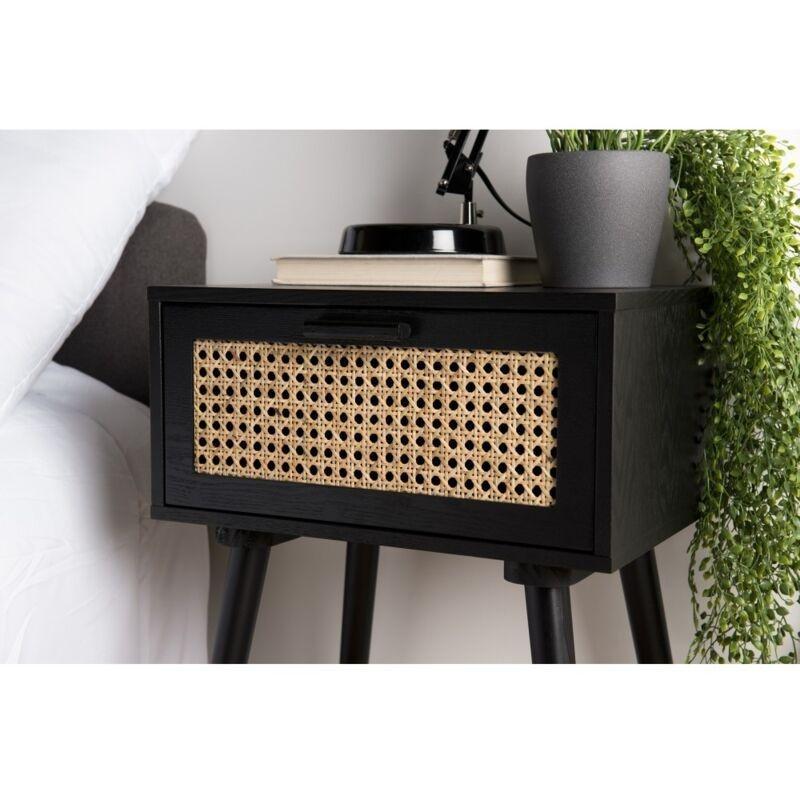 Siyah Ahşap ve Rattan Tek Çekmeceli Komodin - 40x30x56 cm - 127646