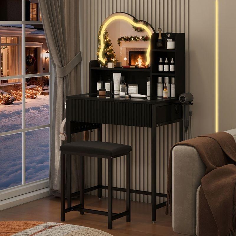 Siyah Ayarlanabilir LED Işıklı Raflı ve Tabureli Makyaj Masası - 70x39x135 cm - 122206