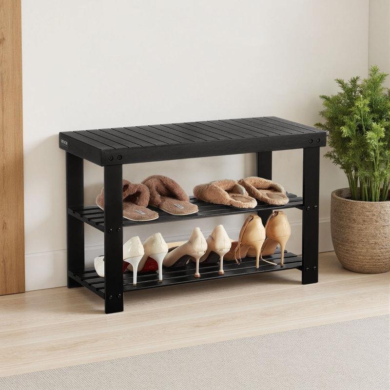 Siyah Bambu 3 Katlı Oturaklı Ayakkabılık Bench - 71x29x46 cm - 120556