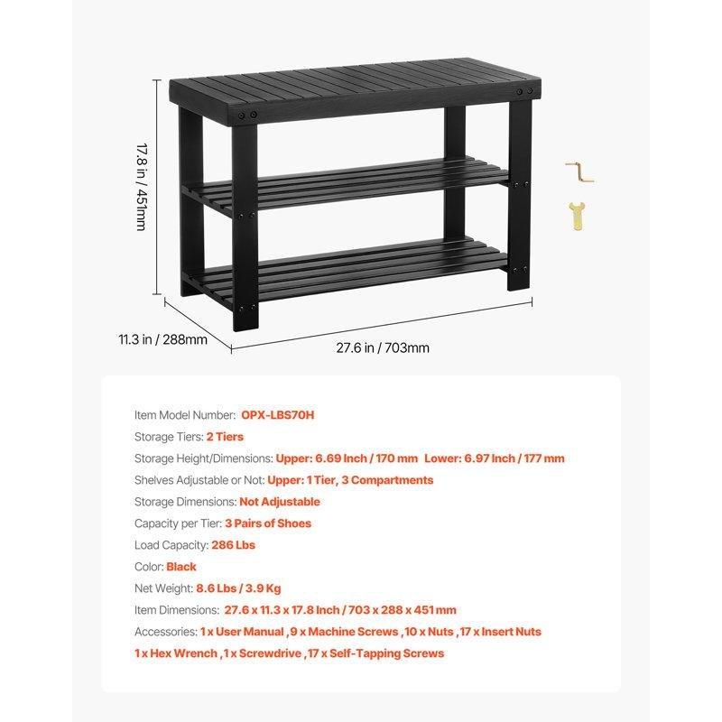 Siyah Bambu 3 Katlı Oturaklı Ayakkabılık Bench - 71x29x46 cm - 120556