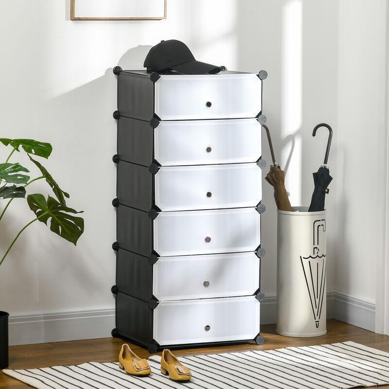 Siyah Beyaz Polipropilen 6 Bölmeli Modüler Kapaklı Ayakkabılık - 49x37x108 cm - 119450