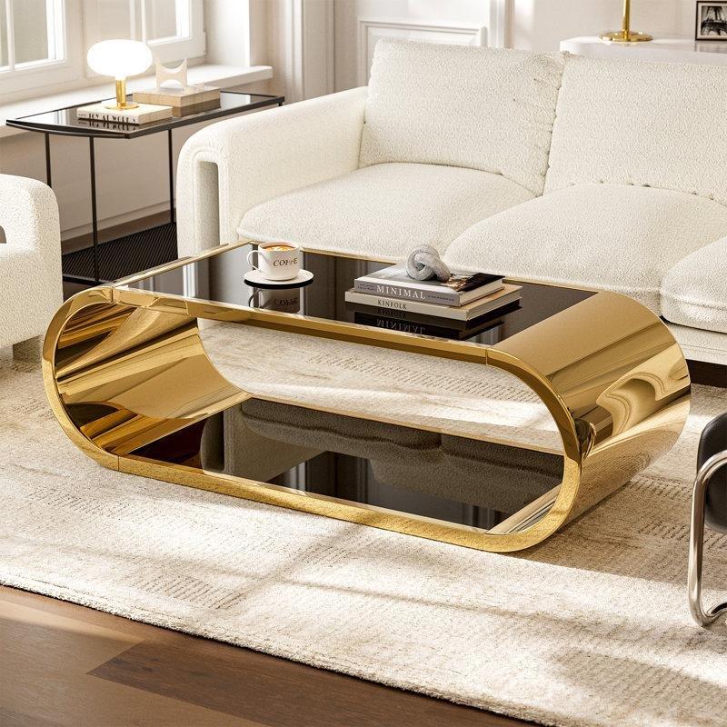 Siyah Cam Gold Paslanmaz Çelik İki Katlı Gold Ayaklı Cam Sehpa-145x60x45 cm - 117465