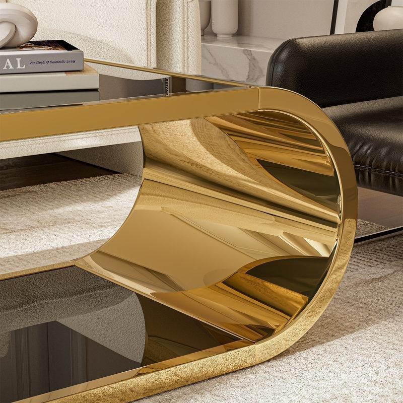Siyah Cam Gold Paslanmaz Çelik İki Katlı Gold Ayaklı Cam Sehpa-145x60x45 cm - 117465