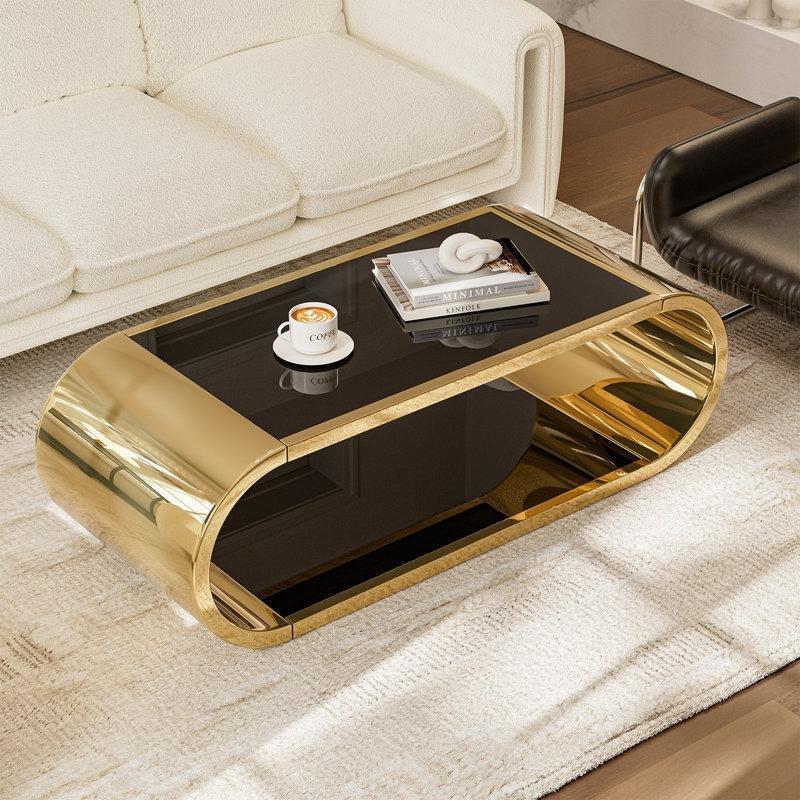 Siyah Cam Gold Paslanmaz Çelik İki Katlı Gold Ayaklı Cam Sehpa-145x60x45 cm - 117465