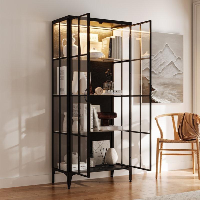 Siyah Cam Kapaklı LED Aydınlatmalı 4 Raflı Kitaplık - 80x180 cm - 141622