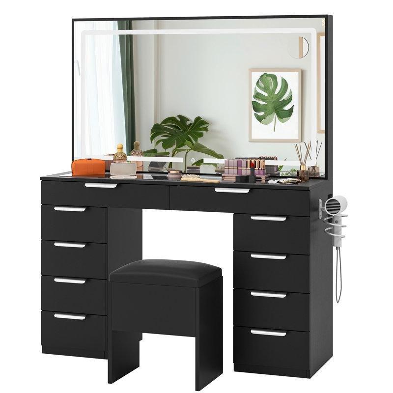 Siyah Cam Tablalı 10 Çekmeceli LED Işıklı Makyaj Masası - 117 cm - 121735