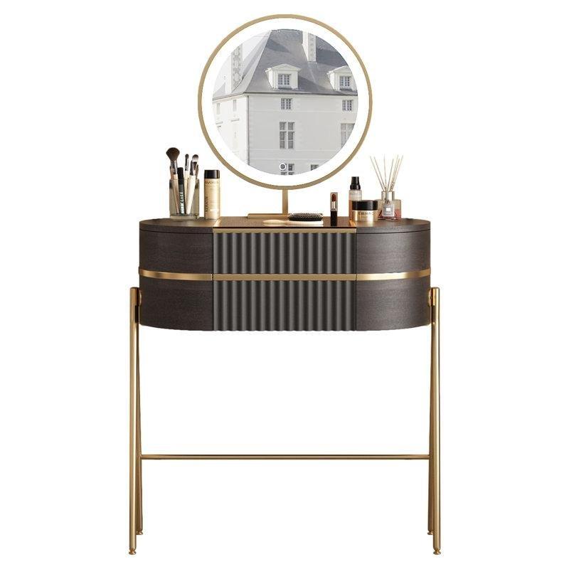 Siyah Cam Tablalı Gold Detaylı LED Aynalı Çekmeceli Makyaj Masası - 68 cm - 121288