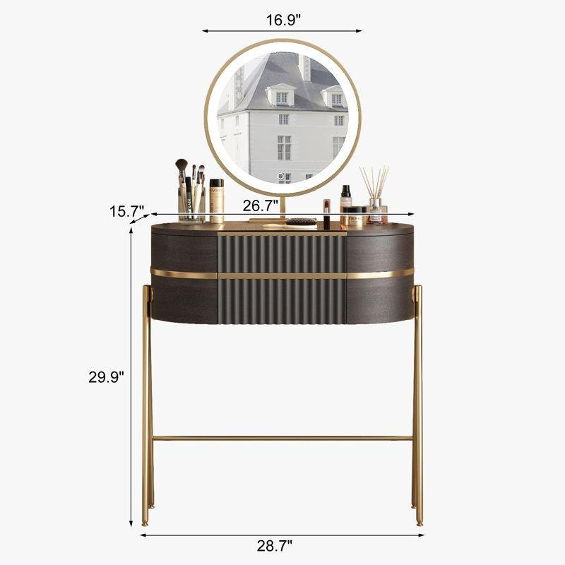 Siyah Cam Tablalı Gold Detaylı LED Aynalı Çekmeceli Makyaj Masası - 68 cm - 121288
