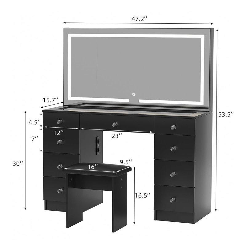 Siyah Cam Üst Tablalı 9 Çekmeceli LED Işıklı Şarj İstasyonlu Makyaj Masası - 120 cm - 121648