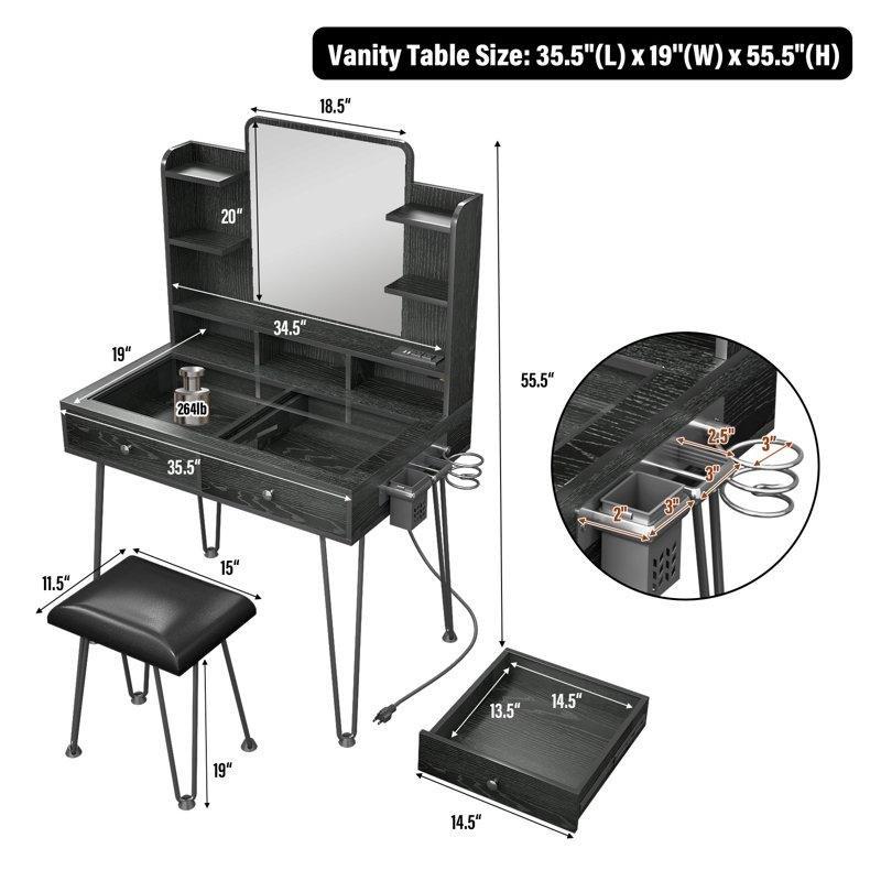 Siyah Cam ve Endüstriyel Ahşap USB Portlu Metal Ayaklı Makyaj Masası - 121468