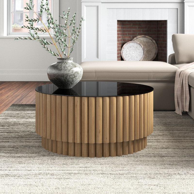 Siyah Cam Yivli Ceviz Cam Sehpa-44x92x92 cm - 117285