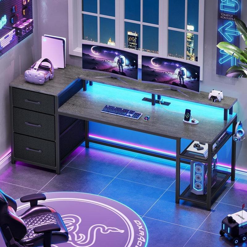 Siyah Çelik Ayaklı LED Işıklı Prizli Raflı Çekmeceli Bilgisayar Masası-151x87x47 cm - 116910