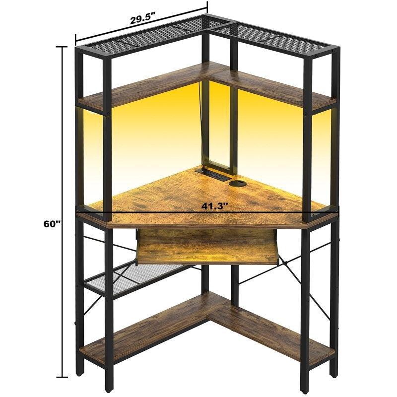 Siyah Çelik Ayaklı LED Işıklı Raflı Köşe Bilgisayar Masası-75x75x153 cm - 116787