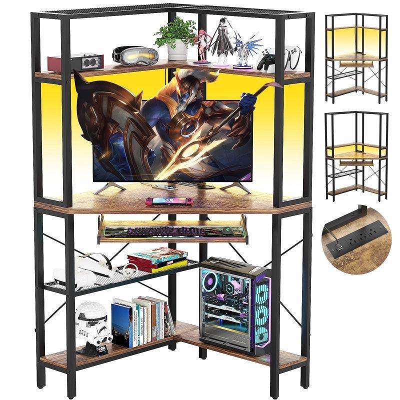 Siyah Çelik Ayaklı LED Işıklı Raflı Köşe Bilgisayar Masası-75x75x153 cm - 116787