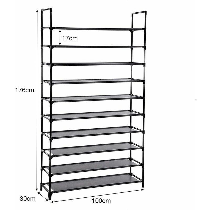Siyah Çelik İskeletli 10 Katlı Modüler Açık Ayakkabılık - 100 x 30 x 176 cm - 120302