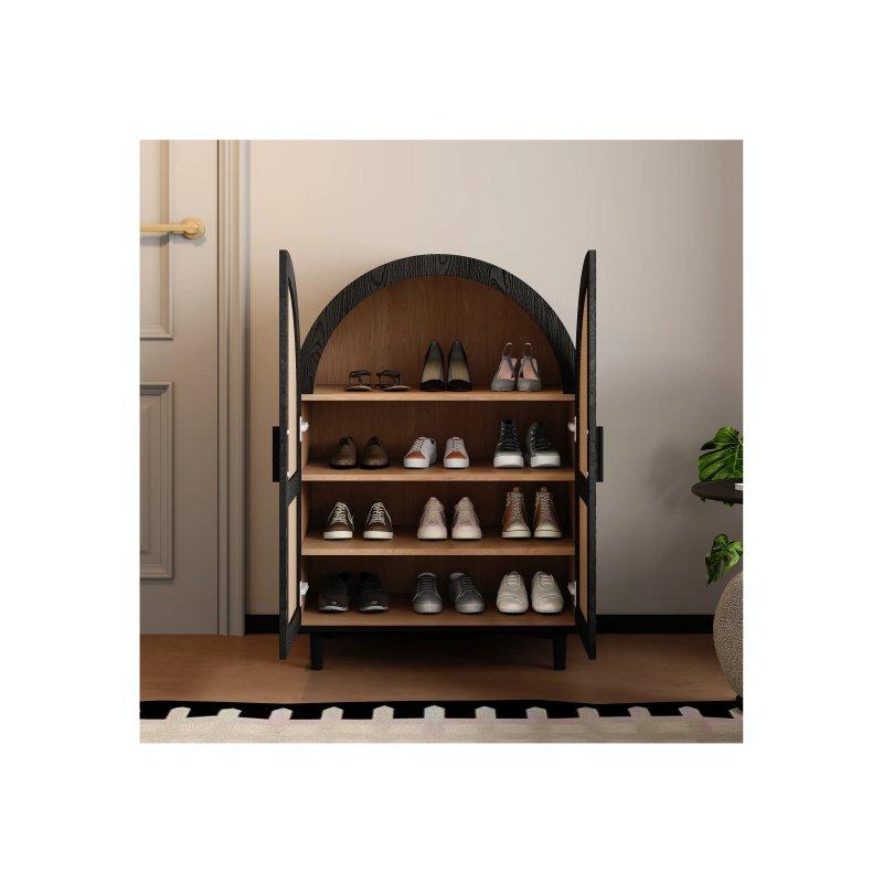 Siyah Detaylı Doğal Ahşap Rattan Kapaklı Kemerli Ayakkabılık - 70x40x100 cm - 118525