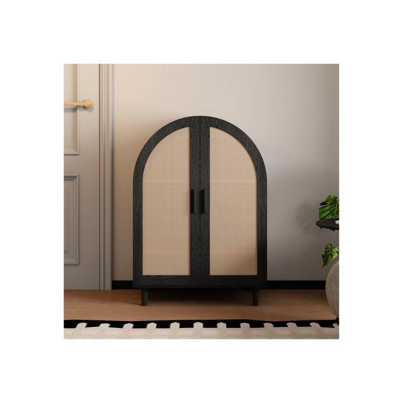 Siyah Detaylı Doğal Ahşap Rattan Kapaklı Kemerli Ayakkabılık - 70x40x100 cm - 118525