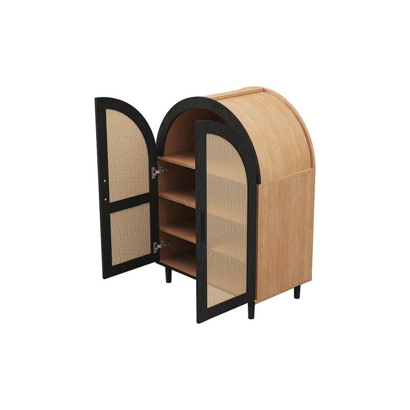 Siyah Doğal Ahşap Rattan Kapaklı Kemerli Tasarım Ayakkabılık - 70x40x100 cm - 118693