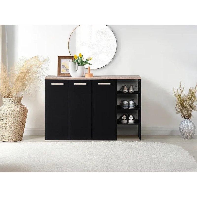 Siyah Doğal Ahşap Rengi Endüstriyel Ahşap 3 Kapaklı Açık Raflı Ayakkabılık - 120x80x30 cm - 118768