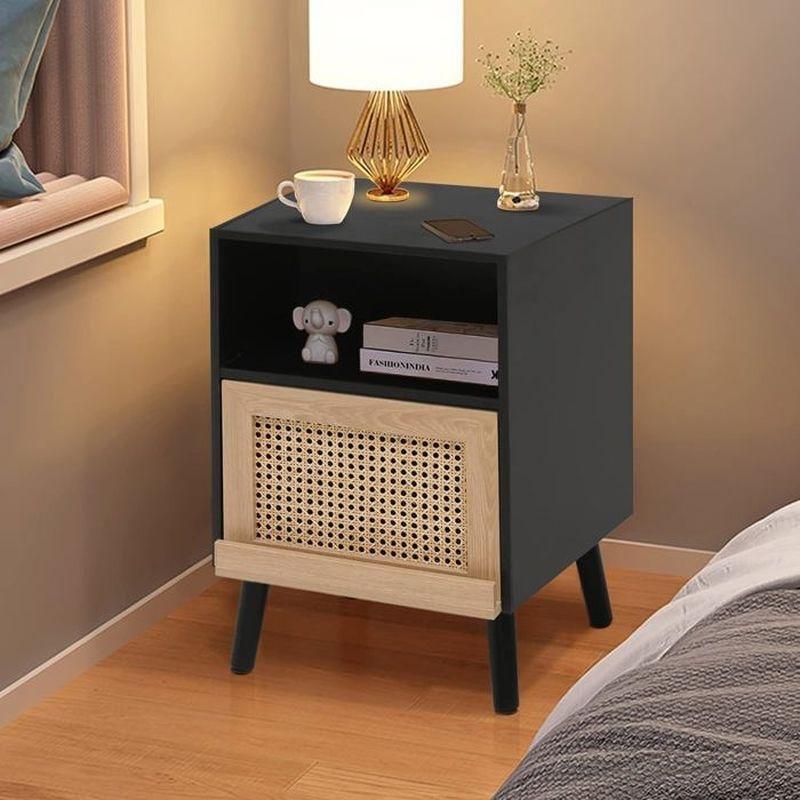 Siyah Doğal Rattan ve Ahşap 2'li Set Açık Bölmeli Sürgülü Kapaklı Komodin - 40x30x60 cm - 127843