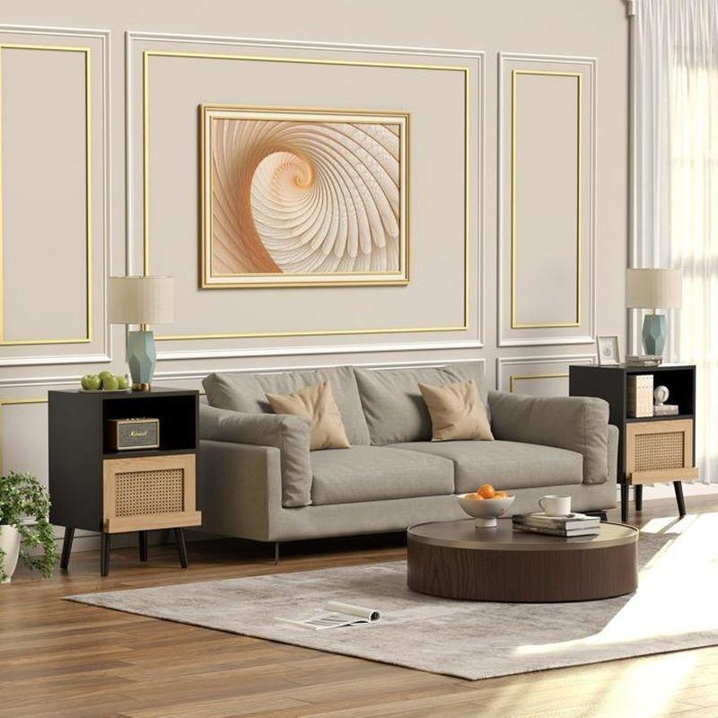 Siyah Doğal Rattan ve Ahşap 2'li Set Açık Bölmeli Sürgülü Kapaklı Komodin - 40x30x60 cm - 127843