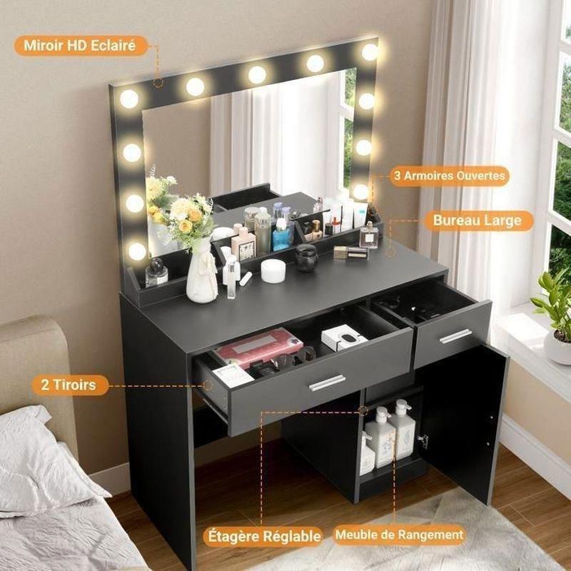 Siyah Endüstriyel Ahşap 11 LED Işıklı Prizli Dolaplı ve Çekmeceli Aynalı Makyaj Masası - 92x40x145 cm - 122167