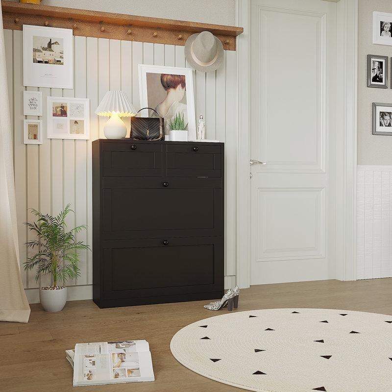 Siyah Endüstriyel Ahşap 2 Çekmeceli Düşer Kapaklı Ayakkabılık - 80x24x100 cm - 120769