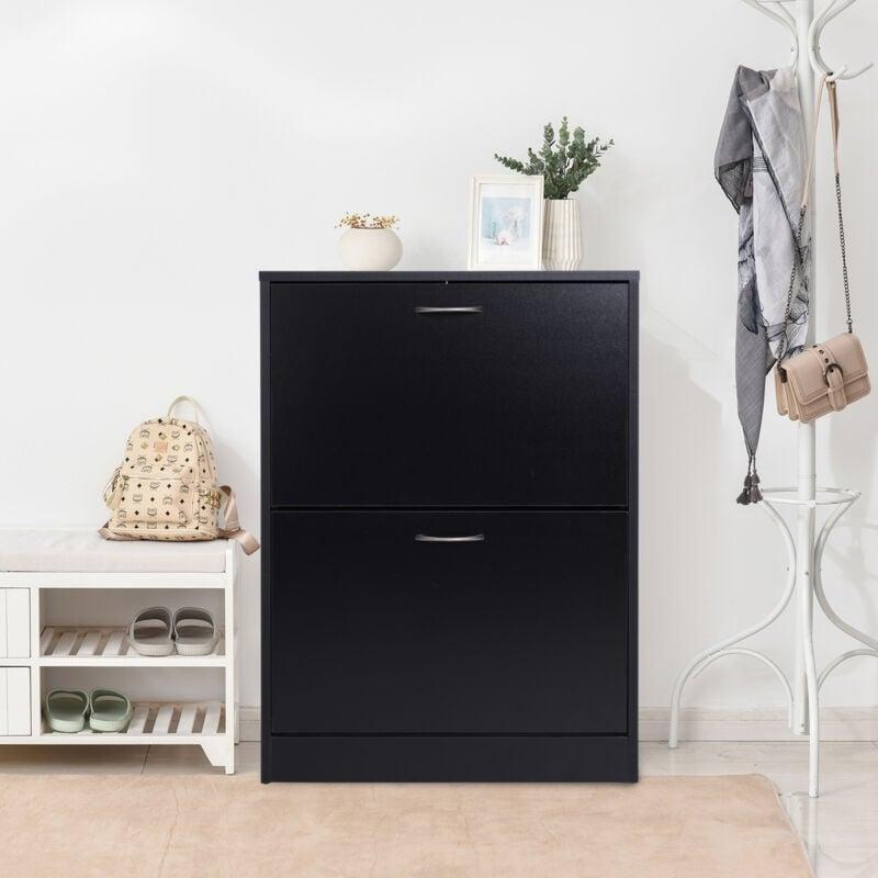 Siyah Endüstriyel Ahşap 2 Düşer Kapaklı Ayakkabılık - 60x24x80 cm - 119412