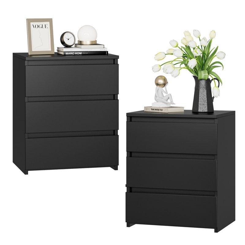 Siyah Endüstriyel Ahşap 3 Çekmeceli İkili Set Komodin - 45x39x56 cm - 127568