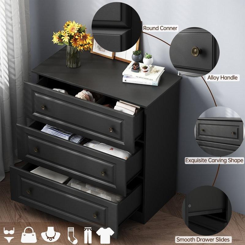 Siyah Endüstriyel Ahşap 3 Çekmeceli Metal Kulplu Şifonyer - 75x86 cm - 122689