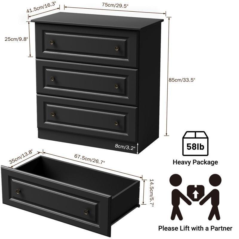 Siyah Endüstriyel Ahşap 3 Çekmeceli Metal Kulplu Şifonyer - 75x86 cm - 122689