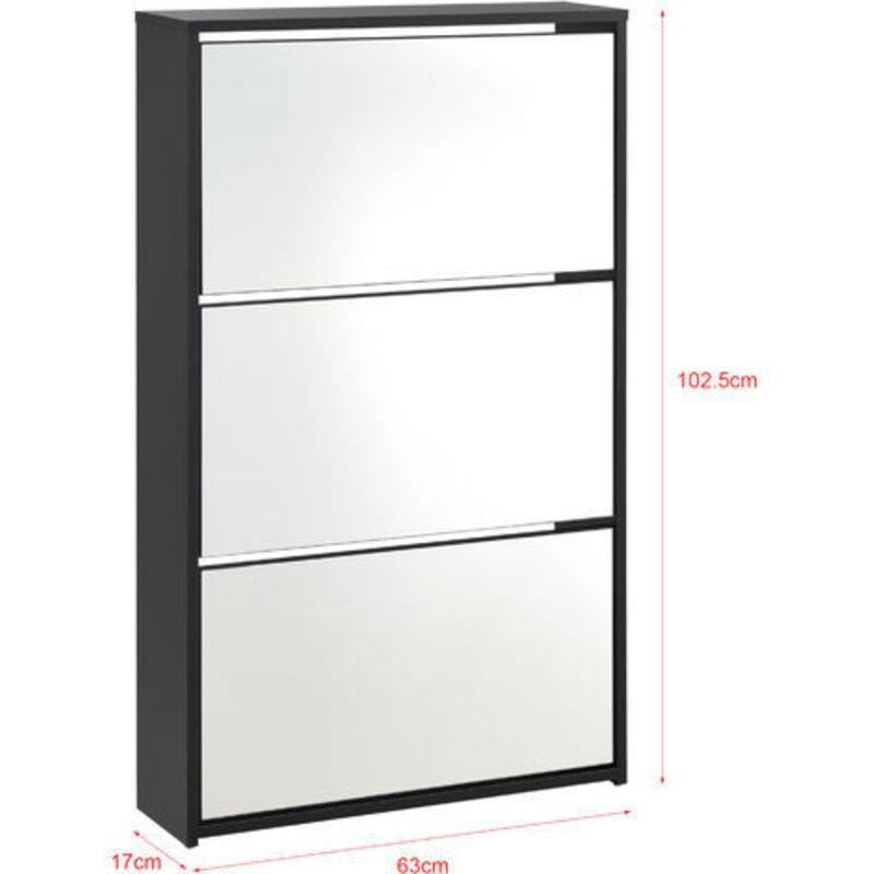 Siyah Endüstriyel Ahşap 3 Düşer Kapaklı Aynalı Ayakkabılık - 63x17x103 cm - 119271