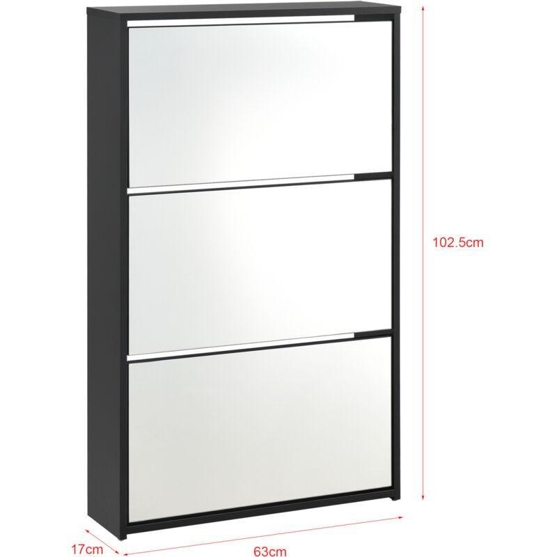 Siyah Endüstriyel Ahşap 3 Düşer Kapaklı Aynalı Ayakkabılık - 63x17x103 cm - 119271