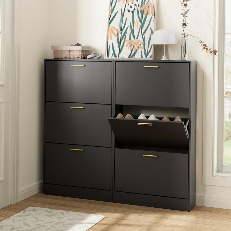 Siyah Endüstriyel Ahşap 3 Düşer Kapaklı Gold Kulp Detaylı Dar Ayakkabılık - 58x17x105 cm - 120844
