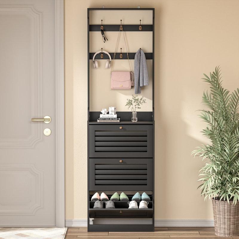 Siyah Endüstriyel Ahşap 3 Düşer Kapaklı ve Askılı Vestiyer Ayakkabılık - 200x60x24 cm - 120829