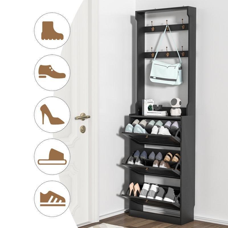 Siyah Endüstriyel Ahşap 3 Düşer Kapaklı ve Askılı Vestiyer Ayakkabılık - 200x60x24 cm - 120829