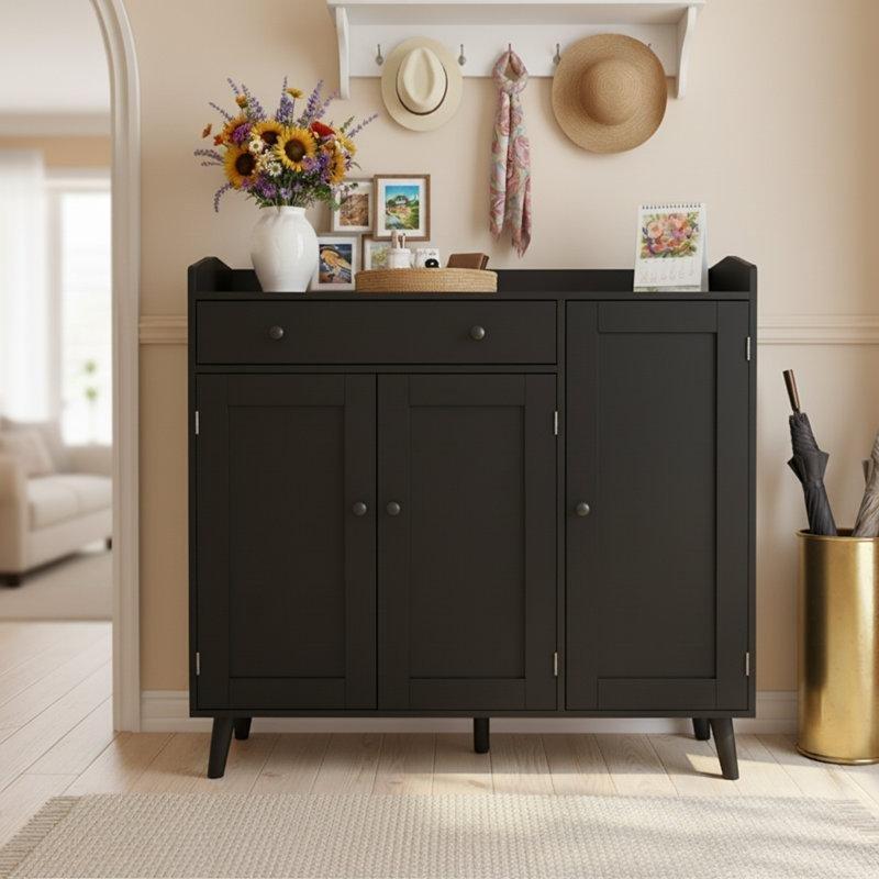 Siyah Endüstriyel Ahşap 3 Kapaklı Çekmeceli Geniş Ayakkabılık - 108x108x40 cm - 120730