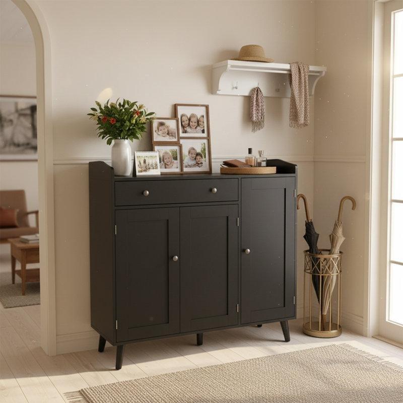 Siyah Endüstriyel Ahşap 3 Kapaklı Çekmeceli Geniş Ayakkabılık - 108x108x40 cm - 120730