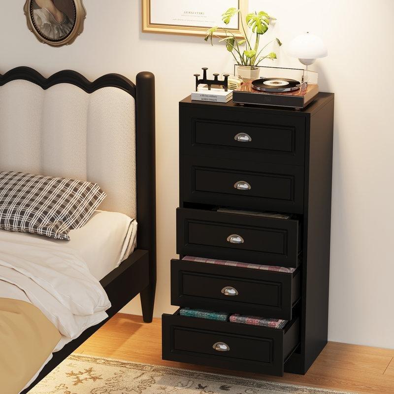 Siyah Endüstriyel Ahşap 5 Çekmeceli Metal Kulplu Dikey Şifonyer - 60x40x121 cm - 122614