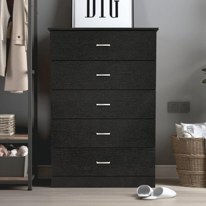 Siyah Endüstriyel Ahşap 5 Çekmeceli Metal Kulplu Şifonyer - 80x120 cm - 123076