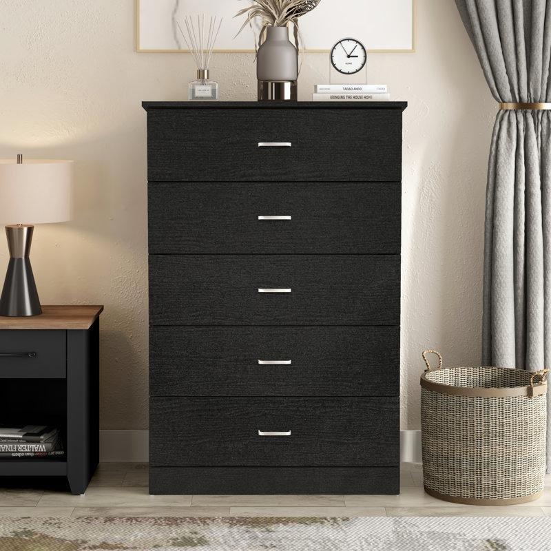 Siyah Endüstriyel Ahşap 5 Çekmeceli Metal Kulplu Şifonyer - 80x120 cm - 123076