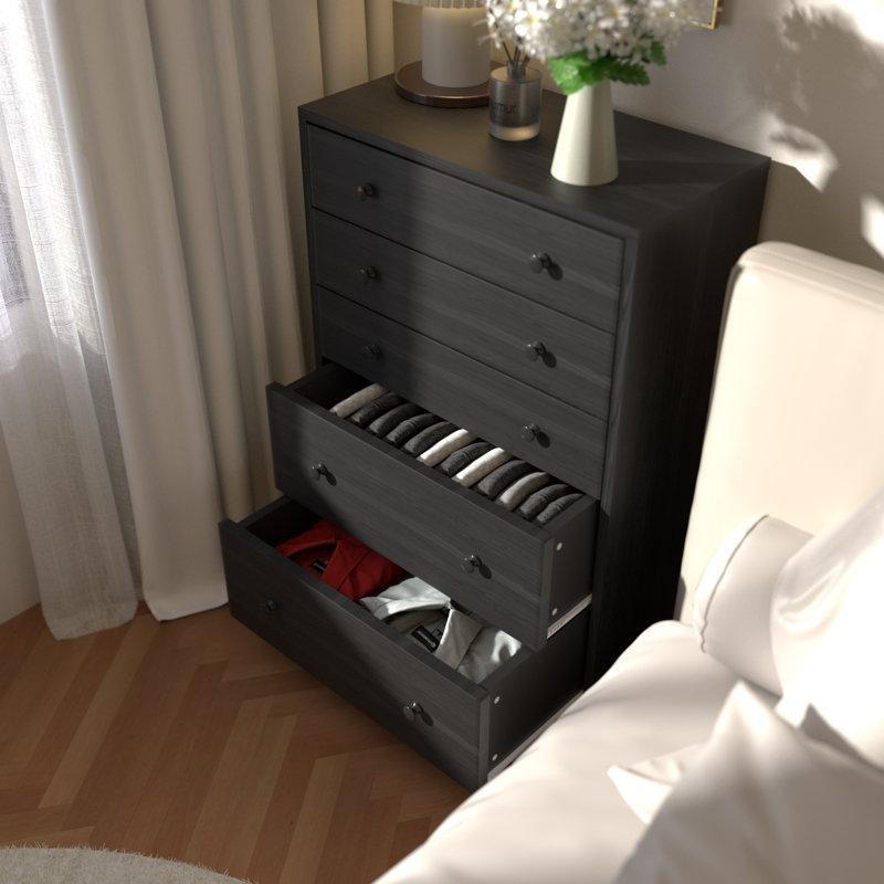 Siyah Endüstriyel Ahşap 5 Çekmeceli Metal Raylı Şifonyer - 81x123 cm - 123034