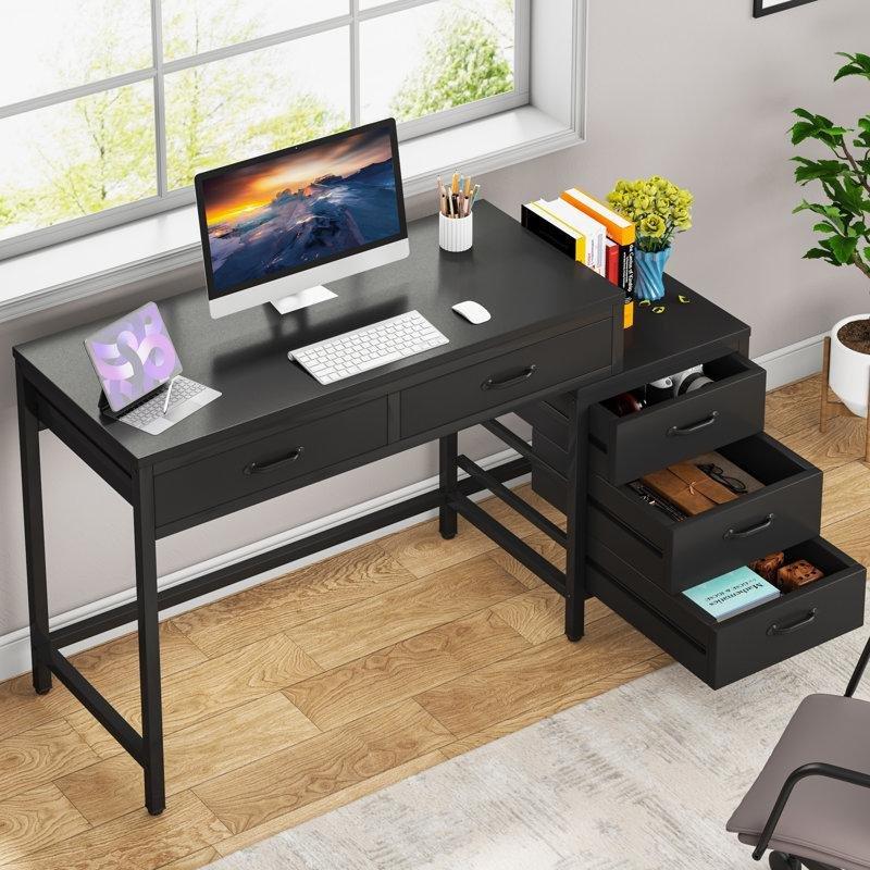 Siyah Endüstriyel Ahşap 5 Çekmeceli Ters Kullanımlı Bilgisayar Masası-78x130x45 cm - 116871