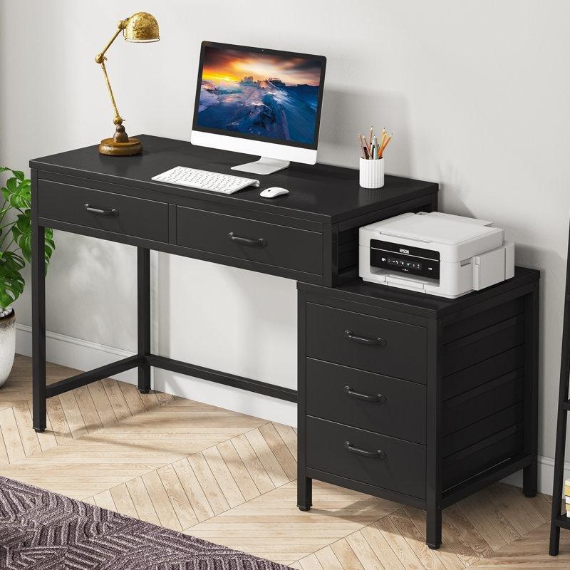 Siyah Endüstriyel Ahşap 5 Çekmeceli Ters Kullanımlı Bilgisayar Masası-78x130x45 cm - 116871